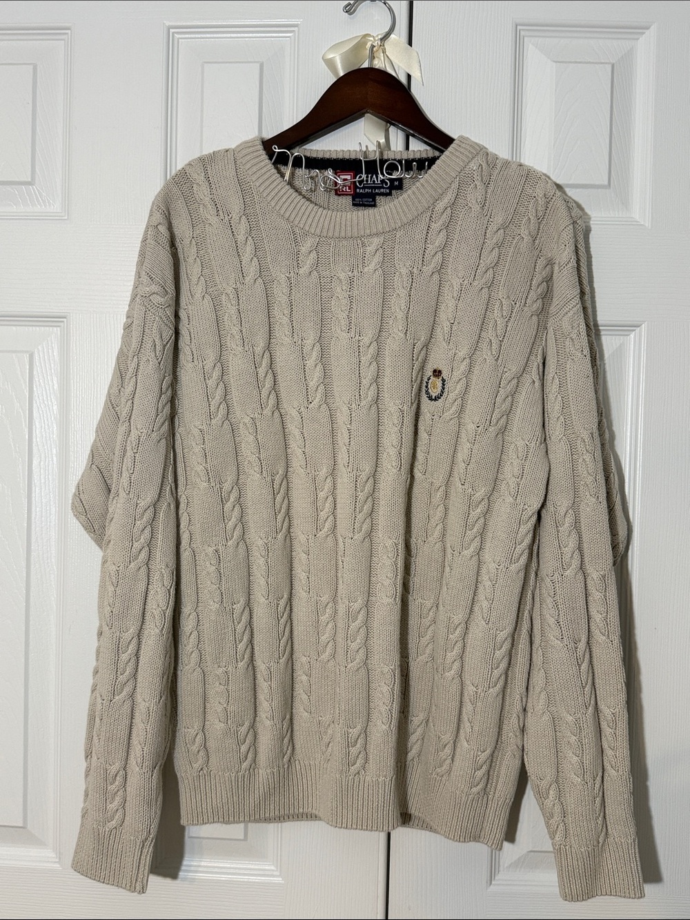 Vintage Chaps Ralph Lauren Cable Knit Crest Sweater Bone Mens M Preppy Heritage